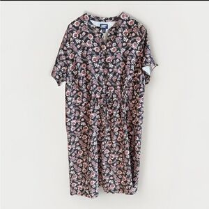 LANDS’ END Floral Paisley  Short Sleeve Drawstring Waist Midi Shirt Dress XL 1X